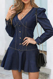 Solid Color Denim Preppy Ruffled Mini Dress
