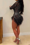 hulianfu Rhinestone & Beaded Decor Striking Tassel Irregular See-Through Mini Dress