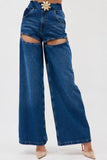 hulianfu Metal Decor Twist Knot Patchwork Feminine Cutout Jeans
