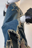 hulianfu Star Applique Tassel Chic Irregular Denim Skirt