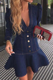 Solid Color Denim Preppy Ruffled Mini Dress