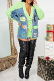 hulianfu Cartoon Letter Applique Cute Denim Patchwork Cardigan