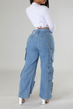 hulianfu Solid Color Cool Multi Pocket Wide Leg Jeans