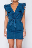 Ruffle Design Stunning Belted Denim Mini Dress