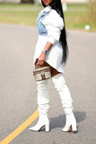 hulianfu Outstanding Puff Sleeve White Blouse & Adjustable Denim Gilet