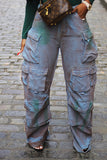 hulianfu Patchwork Multi Pocket Cool Gradient Jeans
