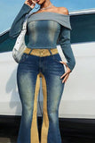 hulianfu Gradient Denim Stunning Off Shoulder Blouse