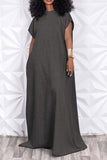 Solid Color Simple Open Back Denim Maxi Dress