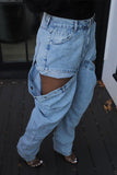 hulianfu Solid Color Hippy Cutout Design WashedJeans
