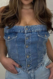 hulianfu Solid Color Simple Button Thru Denim Camisole