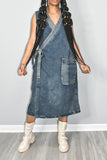 Patchwork Urban Lace-Up Denim Midi Dress