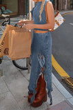 hulianfu Solid Color Girly Ruffles High Split Denim Dress Suit