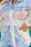 hulianfu Denim Patchwork Oriental Mesh Floral Embroidery Lace-Up Blouse