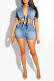 hulianfu Blue Lapel Urban Knotted Denim Shorts Suit