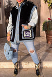 hulianfu Faux Fur Patchwork Retro Denim Gilet