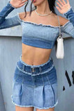 hulianfu Gradient Girly Off Shoulder Denim Blouse