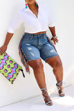 hulianfu Ripped On-trend Side Tassel Denim Shorts