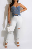 hulianfu Rhinestone & Chain Decor Sweet Denim Vest