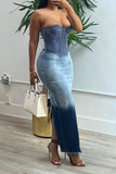 hulianfu Gradient On-trend Split Back Denim Skirt