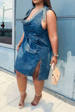 Patchwork Urban Lace-Up Denim Midi Dress