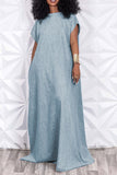Solid Color Simple Open Back Denim Maxi Dress