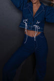 hulianfu Solid Color Denim Classic Strappy Micro Flared Pant Suit