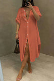 hulianfu Solid Color Casual Single Breasted Midi Dress