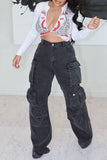 hulianfu Solid Color Cool Multi Pocket Wide Leg Jeans