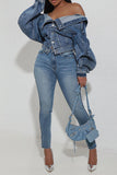 hulianfu Patchwork Off Shoulder Versatile Denim Jacket