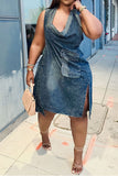 Patchwork Urban Lace-Up Denim Midi Dress