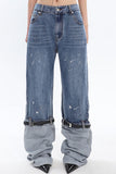hulianfu Hit Color Patchwork Belt Design Striking Jeans