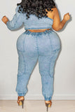 hulianfu Solid Color Cool One Shoulder Denim Pant Suit