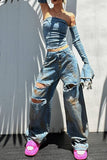 hulianfu Ripped Urban Wide Leg Gradient Jeans