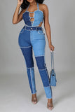 hulianfu Color Block Burrs Patchwork Unique Cutout Denim Pant Suit