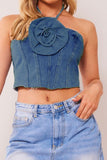 hulianfu 3D Flower Decor Halter Collar Smart Denim Camisole