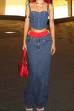 hulianfu Solid Color Feminine Denim Camisole & Skirt