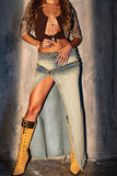 hulianfu Washed Gradient Denim Cool Patchwork Overlay Skirt