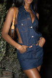 Solid Color Classic Open Back Denim Mini Dress