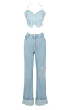 hulianfu Butterfly Denim Rocking Backless Pant Suit