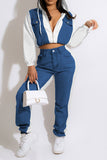 hulianfu Patchwork Boyish Zipped Design Pant Suit