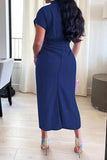 Solid Color Single Breasted On-trend Tie Front Ruched Denim Midi Dress
