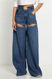 hulianfu Metal Decor Twist Knot Patchwork Feminine Cutout Jeans