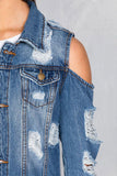 hulianfu Ripped Cold Shoulder Urban Gradient Denim Coat