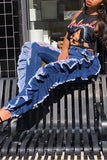 hulianfu Solid Color Chic Denim Hollow Out Jeans