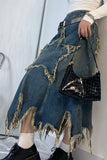 hulianfu Star Applique Tassel Chic Irregular Denim Skirt
