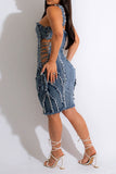 Burrs Patchwork Romantic Strappy Denim Mini Dress