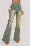 hulianfu Rivet Design Rocking Micro Flared Washed Jeans