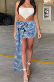 hulianfu 3D Flower Decor Sweet Tie Dye Denim Skirt