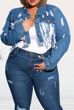 hulianfu Ripped Stylish Tassel Hem Denim Jacket
