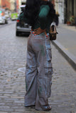 hulianfu Patchwork Multi Pocket Cool Gradient Jeans
